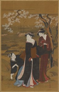 Deniz kıyısında çiçek açan bir kiraz ağacının altında üç kadın, 1769-1825. by Utagawa Toyokuni I
