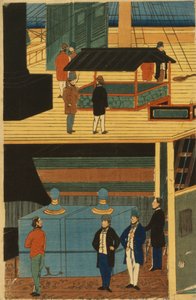 Güverte altında yolcu grubu ve güvertede aktiviteler bulunan bir Amerikan vapuru by Utagawa Yoshikazu