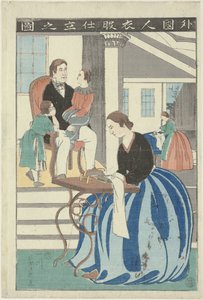 Batılı kadın bir dikiş makinesinin arkasında Gaikokujin ifuku Shite no zu (nesnedeki başlık) Giysi yapan bir yabancının görüntüsü by Utagawa Yoshikazu