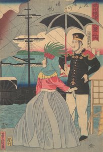 Rıhtımda Dönen Yelkenler [Amerikalı çift], 1. ay, 1861. by Utagawa Yoshitora