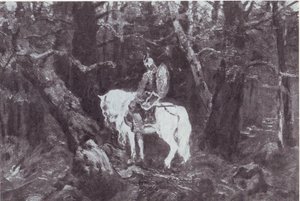 düşüncede  (Atlı bir şövalye sık bir ormana girer) by V.Vasnetsov