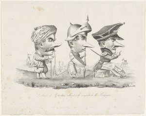 Rotterdam milislerinin karikatürü, 1830 Les cesur de Rotterdam allant à la conquête de la Belgique (nesne üzerindeki başlık) by V. Dubrulle