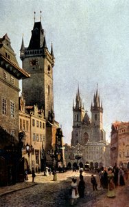 Prag'daki Starometsky meydanı ve belediye binası, c. 1900 (baskı)
