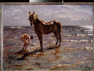 At banyosu. (Genç çıplak adam bir ata su sıçratır, diğer iki figür denize koşar). Valentin Aleksandroviç Serov
