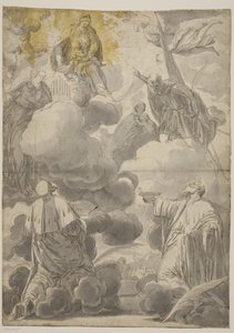 Melekler ve Sts Cosmas ve Damian, Cecilia, Secondo ve Marina ile çevrili bulutlardaki Bakire ve Çocuk by Valentin Lefèvre