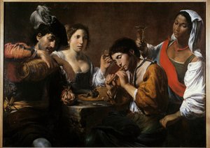 Bir kabarede buluşma resmi Valentin de Boulogne (1591-1632) 17. yüzyıl Güneşi. 0,96x1,33 m by Valentin de Boulogne