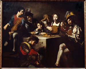 Alçak kabartma konseri. Müzisyenler yontulmuş bir sunağın etrafında toplandılar. Valentin de Boulogne