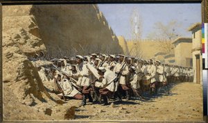 Tahkimatlara, Girsinler! (savaştan önce birliklerin toplanması) (Kale Duvarlarında; İçeri alsınlar!) - Tablo Vasili Vasilyevich Vereshchagin (Vereshchagin) (1842-1904), tuval üzerine yağlı boya ( 95x160.5 cm) by Vasili Vasilievich Vereshchagin