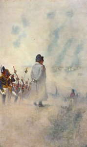Napoloeon Bonaparte Moskova önlerinde askerlerinin arasında duruyor (renkli taş baskı)