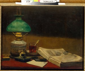 ""Nature morte" (Natürmort) Kitap, masa lambası, bardaklar ve fincan çay - Tablo Vasili Polenov (1844-1927) Tuval üzerine yağlıboya Dim 61.3x79.3 cm Bölgesel Sanat Müzesi, Lugansk by Vasilij Dmitrievich Polenov