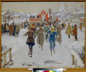 Kızıl Ordu bir kolhozu ziyaret ediyor. Üniformalı askerler, ahşap evleri olan bir köyün sokaklarında, genç kadınlar eşliğinde ve kırmızı bayraklarla süslenmiş bir podyumun yakınında toplanmış sakinlerin bakışları altında kayak yapıyor. boyama by Vasily Nikolaevich Kostyanitsyn
