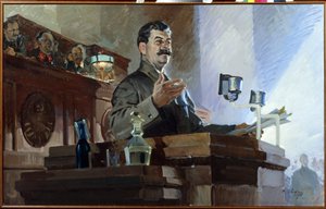 Joseph Stalin (Stalin) (Joseph Vissarionovich Djougachvili dit) (1879-1953), 5 Aralık 1936'da yapılan 8. olağanüstü sovyetler kongresinde Sovyet anayasasını (Stalin anayasası) yeniden tanımlıyor. Dr. by Vasily Semyonovich Svarog