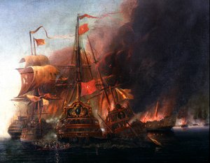1570 yılında Kıbrıs kuşatması sırasında Gazimağusa açıklarında Osmanlı donanmaları ile Venedik donanmaları arasındaki savaş 16. yüzyıl Venedik okulunun resmi. İstanbul, Deniz Müzesi