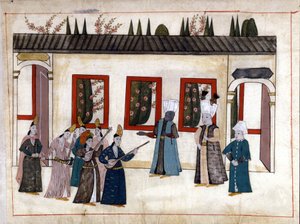 Padişah, hadımların annesi ve reisi ile gözdeyi ziyaret eder. “Türk Anıtları”ndan minyatür (codex Cicogna 1971 “Memorie Turchesche”) 17. yüzyıl Venedik okulundan suluboya. by Venetian School