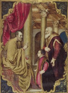 Venedikli Senatör veya Doge, oğlunu koruyucu azizine sunarken (panel üzerine yerleştirilmiş kağıt üzerine yağlı boya) by Venetian School