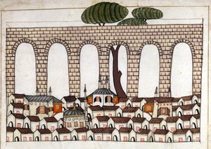 Konstantinopolis ve su kemerinin görünümü. “Türk Anıtları”ndan minyatür (codex Cicogna 1971 “Memorie Turchesche”) 17. yüzyıl Venedik okulundan suluboya. by Venetian School