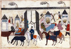 Osmanlı İmparatorluğu döneminde Türkiye'de bir kervanın iç görünümü. “Türk Anıtları”ndan minyatür (codex Cicogna 1971 “Memorie Turchesche”) 17. yüzyıl Venedik okulundan suluboya. by Venetian School