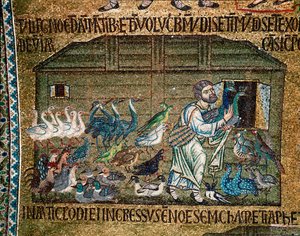 Bizans mimarisi: Venedikli sanatçılar tarafından yapılan “” Tufandan önce hayvanları gemiye getiren Noe” “”” mozaik 13. yüzyıl Basilica di San Marco (San Marco Bazilikası), Venedik