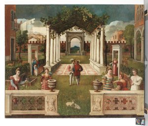 Zarif figürlere sahip klasik bir mimari bahçe, ötesinde dağlık bir manzara, c. 1530 (tuval üzerine yağlı boya) by Veronese School
