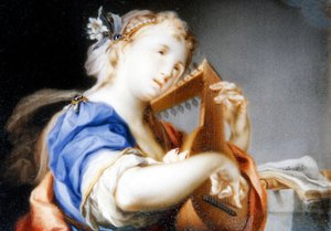 Beyaz astarlı Mavi Cüppe giymiş, Ud çalan bir Hanımefendi (panelde yağlı boya, guaj ve sulu boya) by Veronica Stern