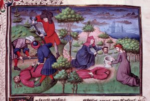 Katilleri kafalarını kesen iki adamın cinayet sahnesi. İtalyan yazar Giovanni Boccaccio dit Jean Boccace