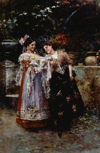 Güzel dantel (Yeni doğmuş bebeği olan iki kadın), Vincenzo Irolli (1860-1949), tuval üzerine yağlı boya