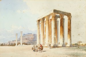 Akropolis, Parthenon, Atina ile Zeus Tapınağı (suluboya ve gövde rengi) by Vicenzo Lanza