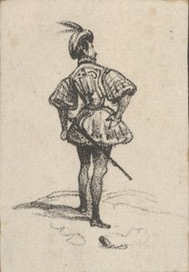 19. yüzyılın ortalarında arkadan bakıldığında kılıçlı ve tüylü şapkalı adam. by Victor Adam