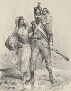 Kolunda kadın, sırtında çocuk olan asker, 19. yüzyılın ortalarında.. by Victor Adam