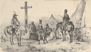 19. yüzyılın ortalarında askerler, rahipler ve bir haçla bir kilisenin önünde toplandılar. by Victor Adam