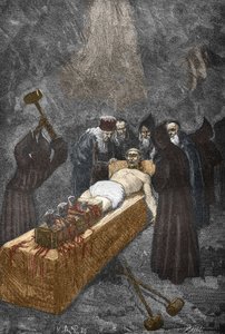 1630 civarında Loudun'un Sahipleri (demons de Loudun) vakası: cadı avı, şeytanla bir anlaşma yaptığı ve rahibeleri büyülemekle suçladığı iddia edilen Fransız rahip Urbain Grandier (1590-1634), işlemesine kadar işkence görüyor - (Urbain Grandier, Fransı