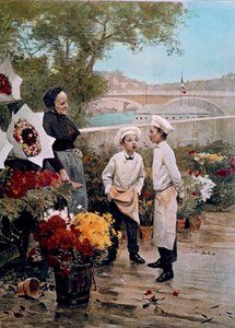 Patronun partisi Çıraklar çiçekçiler ve rıhtımda bir çiçekçi. Resimden sonra gravür Victor Gabriel Gilbert (1847-1933) 19. yüzyıl. Paris, dekoratif sanatlar