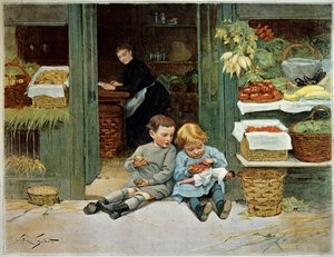 Onu turlayın. Annelerinin bakkallarının önünde tost yiyen çocuk. Küçük kızın dizlerinde bir oyuncak bebek var. Victor Gilbert