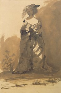 Palto ve Tüylü Şapka Takan Kadın (kalem ve mürekkep ve kağıt üzerinde yıkama) by Victor Hugo