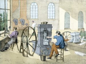 Madeni para dükkanı (madeni para basma) (madeni para yapma), litho de Janson. 19. yüzyıl.