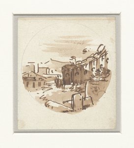 Kıvrımlı bir duvarda klasik binaların, bir tapınağın ve bir revakın üstünkörü bir taslağı by Victor Jean Nicolle