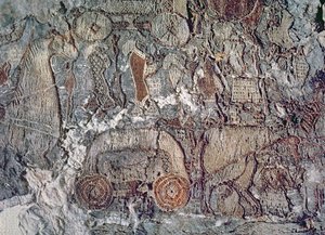 Oseberg gemisinde (tekstil) bulunan bir goblenden bir arabayı çeken bir hayvanın detayı