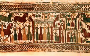 Viking: şarkıcılar ve zil çalanlar. Skog, Süet, 12. yüzyılın sonlarında kilisenin duvar halısı. Stockholm, historiska müzesi