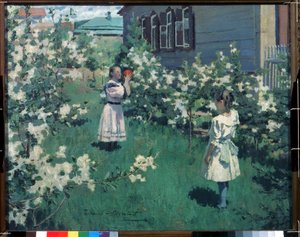 "Fleurs de mai" (çiçekler olabilir) İlkbaharda çiçek bahçesinde top oynayan küçük kızlar. Viktor Elpidiforovich Borisov-Musatov