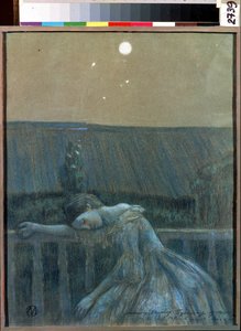 "Hüzün" (Hüzün) Korkuluklara yaslanmış çaresiz bir genç kız. Viktor (Victor) Elpidiforovich Borisov-Musatov (Borisov Musatov) (1870-1905) (sembolizm) tarafından suluboya ve pastel 1903 Devlet Tarih ve Sanat Müzesi Serpukhov (Serpukhov).