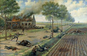 1915'te Bir Köyde Almanlarla Savaşan Rus Süvarileri, c.1915-16 (tuval üzerine yağlı boya) by Viktor Viketyevich Masurovsky
