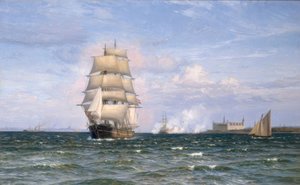 Uzaktan Kronborg Kalesi ve Elsinore önünde Danimarkalı mavna by Vilhelm Arnesen