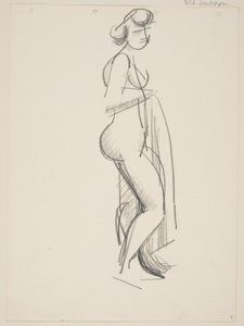 Ayakta çıplak kadın, profil sağda, elinde perdelik by Vilhelm Lundstrøm