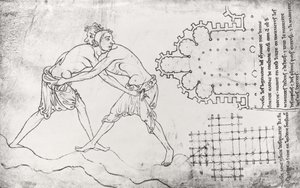 Ms.Fr.19093 fol.14v Two wrestlers, plan of a Cistercian church and plan of the choir of Notre-Dame de Cambrai (facsimile copy)  