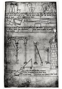 Ms.Fr.19093 fol.20v İnşaat, kemerler ve bir kulenin yüksekliğini ölçen adam için geometrik şekiller (faks kopyası)