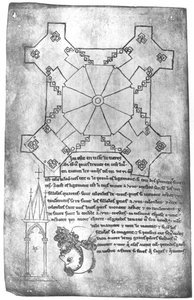 Ms 19093 fol.9v Laon Katedrali kulesinin planının faks kopyası, sakallı bir adamın başı ve Gotik bir pencere