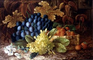 Yosunlu bir bankada bir natürmort üzüm ve bir sepet çilek by Vincent (after) Clare
