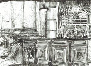 Cafe at the Royal Exchange, Manchester, 2011, (Kağıt üzerine mürekkep) by Vincent Alexander Booth
