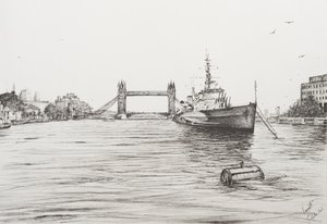 Thames Nehri üzerinde HMS Belfast, Londra, 2006, (Kağıt Üzerine Mürekkep) by Vincent Alexander Booth