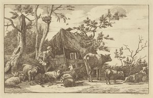 Terkedilmiş Bir Ahırın Önünde Sığır Oturan Çoban by Vincent Jansz. van der Vinne